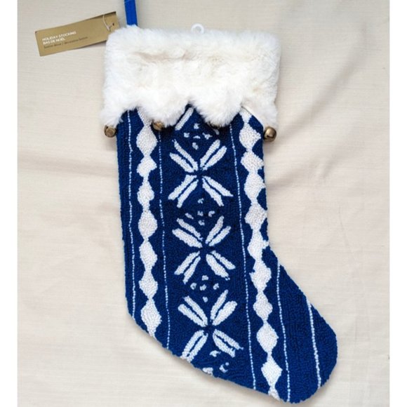 Christmas Holiday Stocking Festive Decor Blue White with Bells | New with Tag - Picture 1 of 4